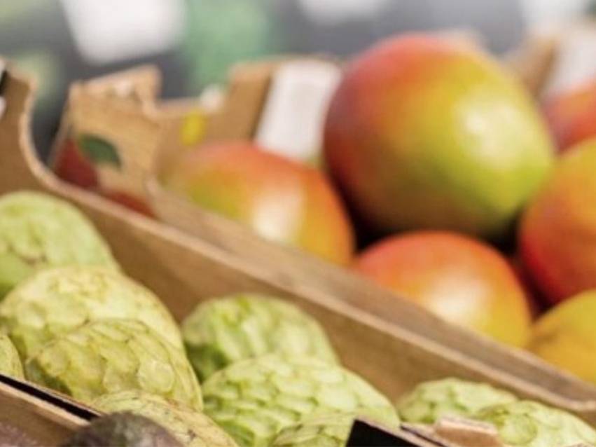 Μάνγκο και cherimoya σε ξύλινα κιβώτια.